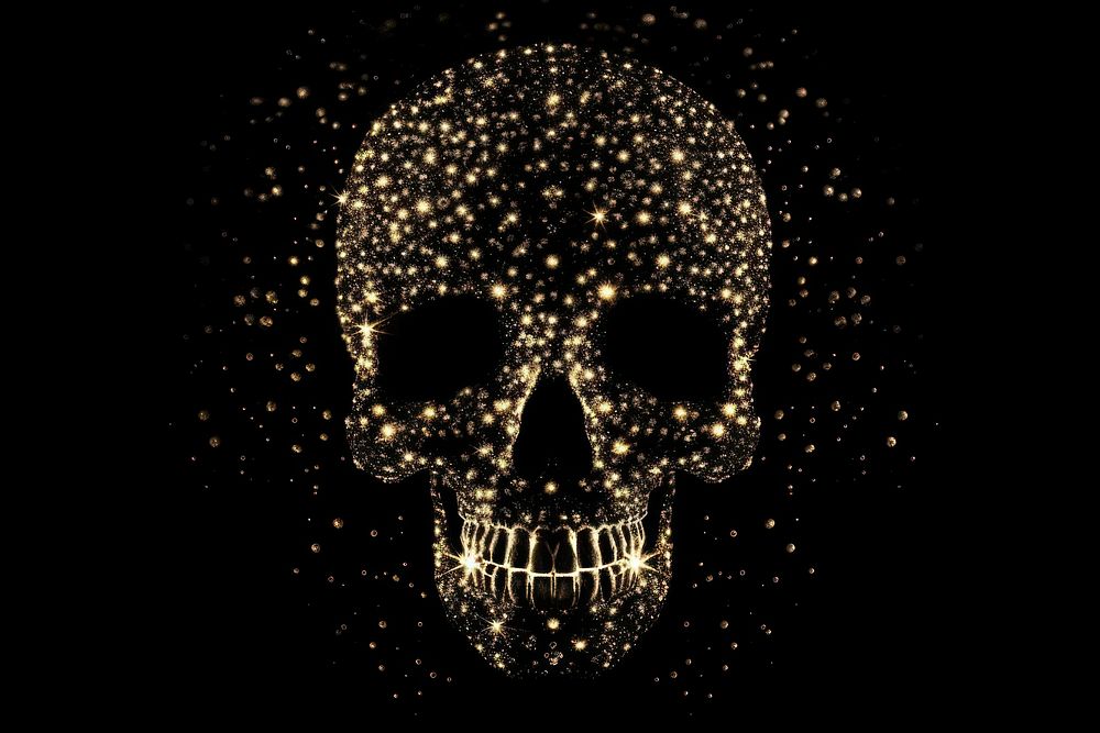 Skull shape sparkle light glitter black black background illuminated.