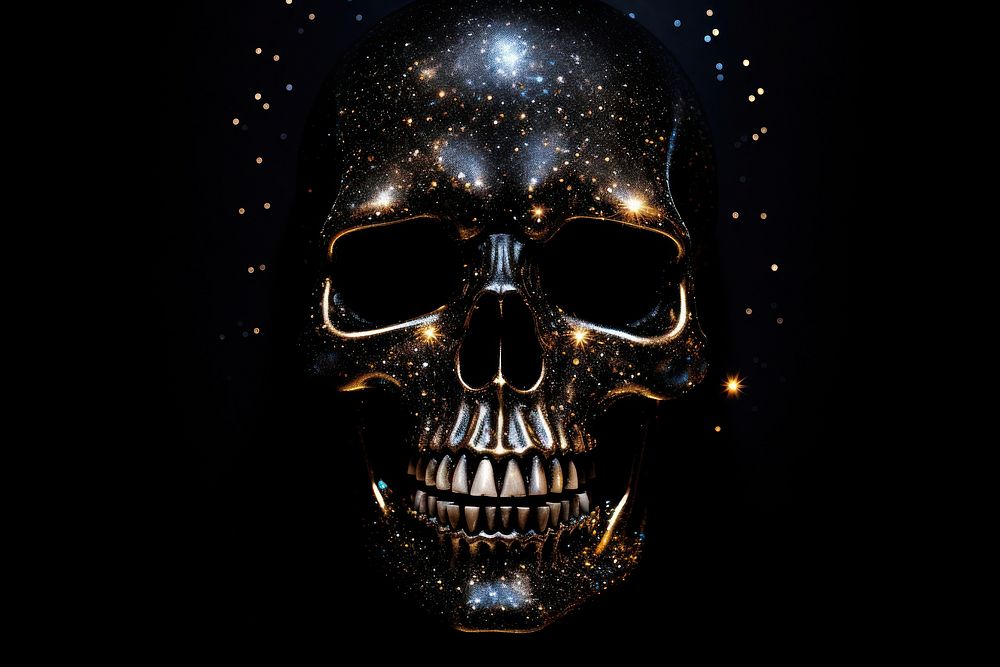 Skull shape sparkle light glitter star black background illuminated.