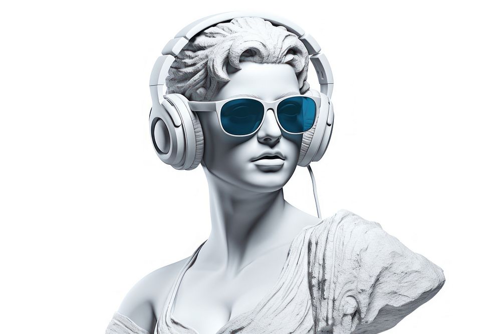 Ancient Woman Statue White Stone Greek wearing sunglasses and headphones portrait headset adult.