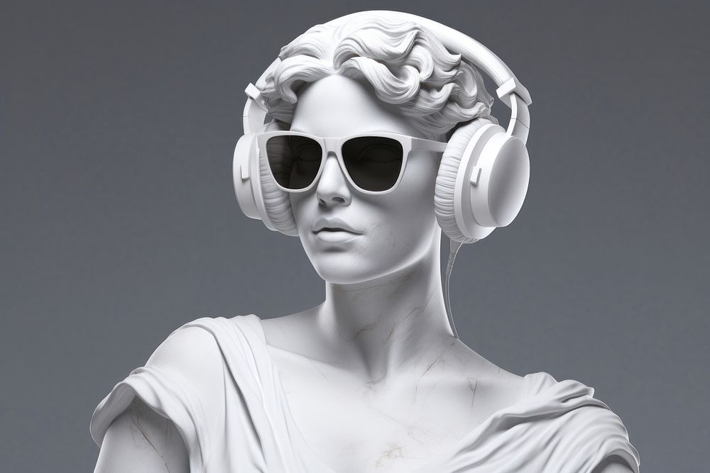 Ancient Woman Statue White Stone Greek wearing sunglasses and headphones sculpture statue white.