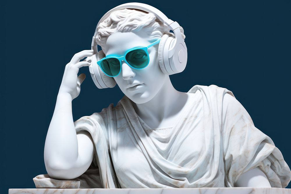 Ancient Woman Statue White Stone Greek wearing colored sunglasses and headphones statue sculpture art.