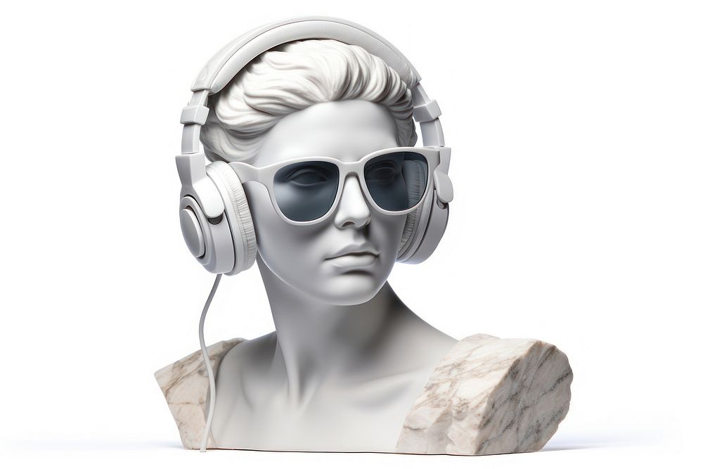 Ancient Woman Statue White Stone Greek wearing sunglasses and headphones headset adult woman.