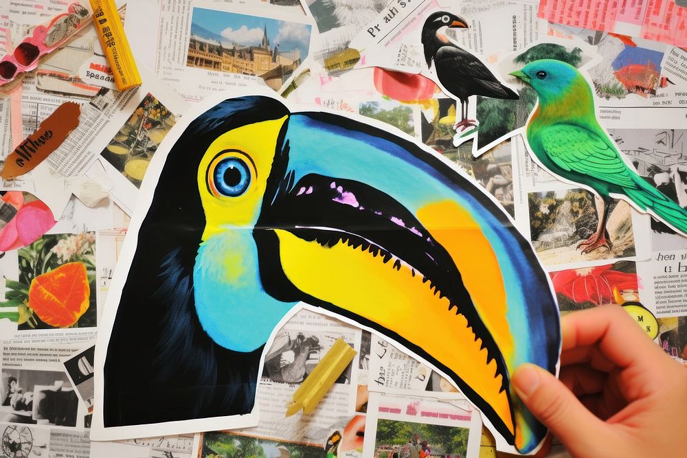 Toucan on newspaper collage animal bird.