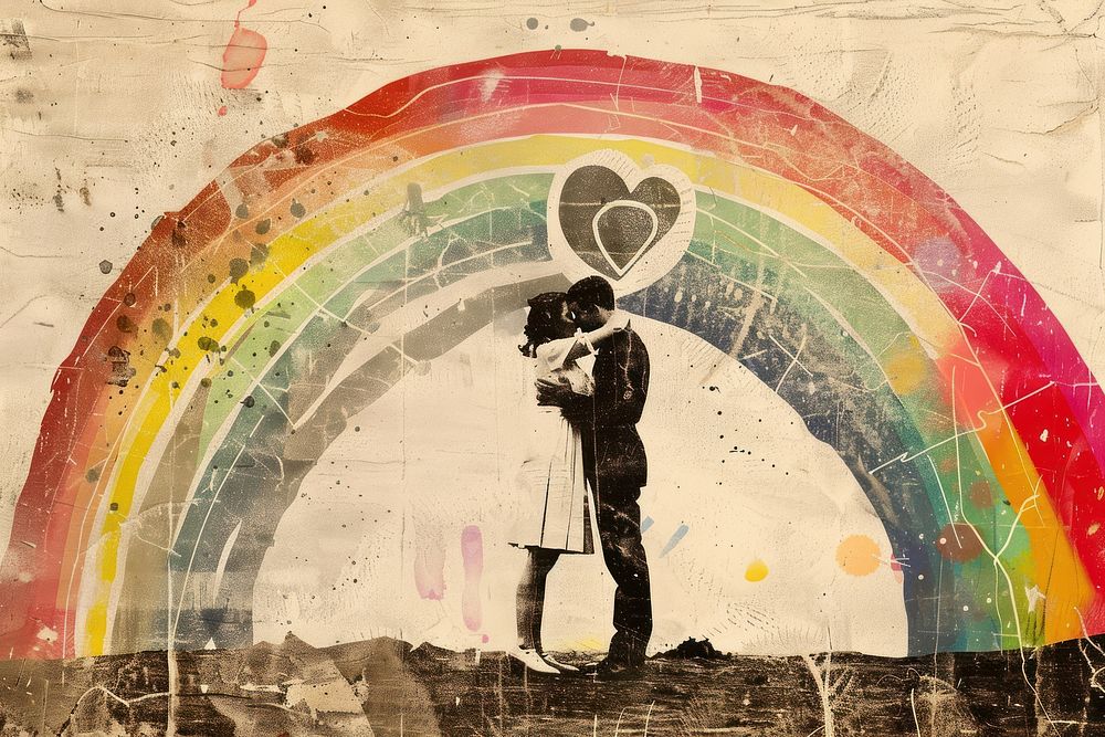 Paper collage of couple painting rainbow adult.