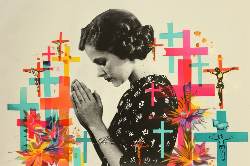 Paper collage of woman cross church adult.