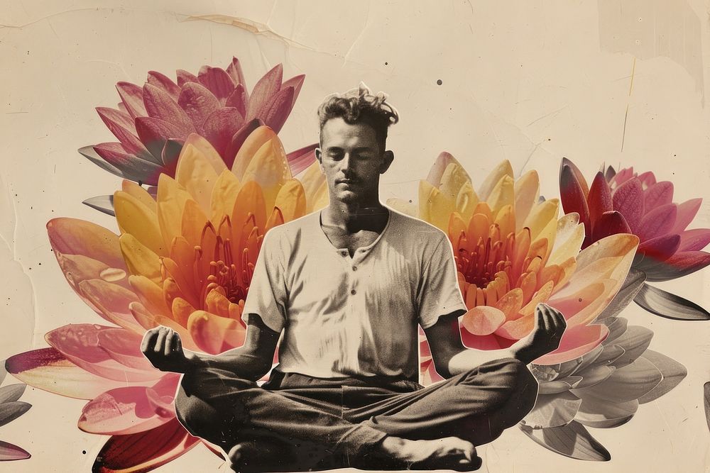 Paper collage of man flower meditating painting.