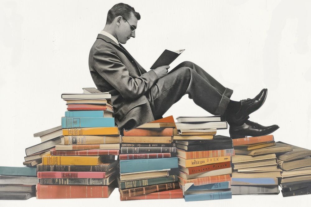 Paper collage of man reading sitting book.