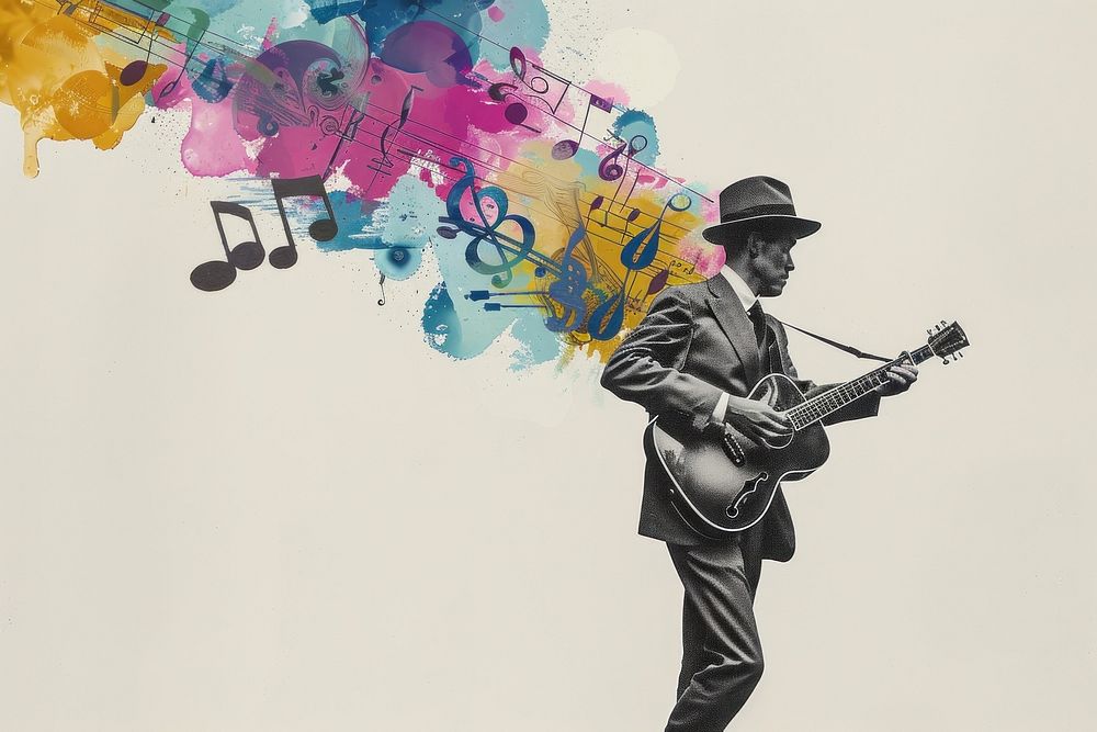 Paper collage of man guitar music musician.