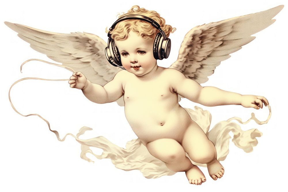Cherubim wearing headphones angel cute baby.
