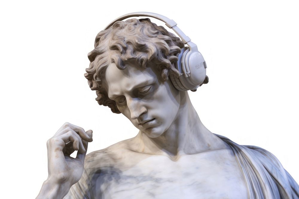 Ancient Greek sculpture of wearing headphones statue art white background.