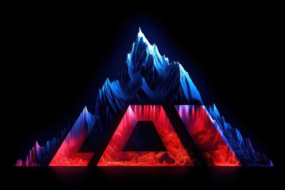 Distorted blurry letter mountain night blue red.