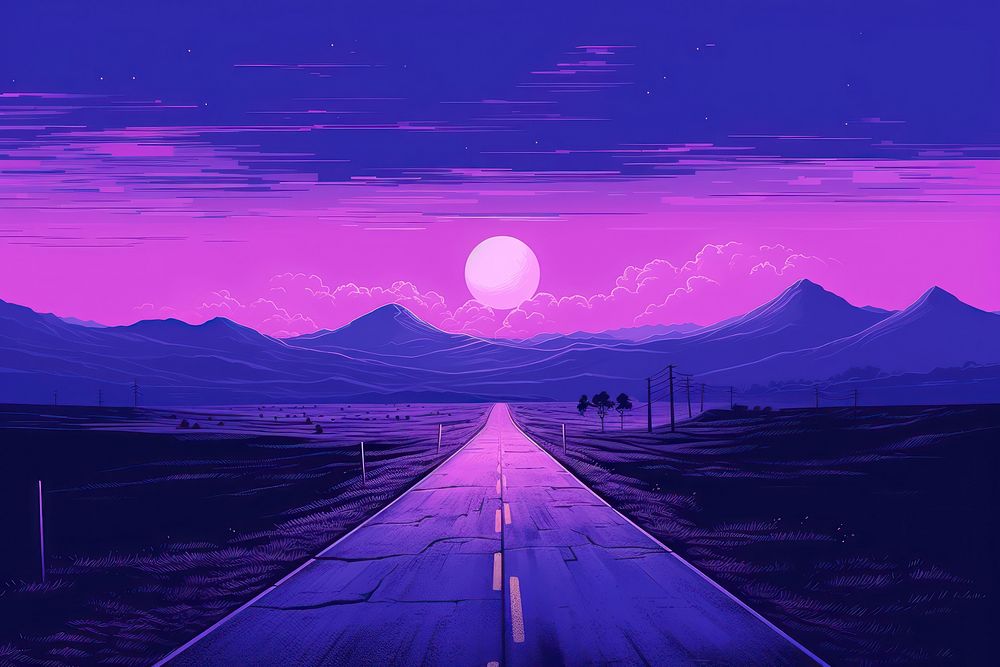 Winding country road purple landscape horizon.