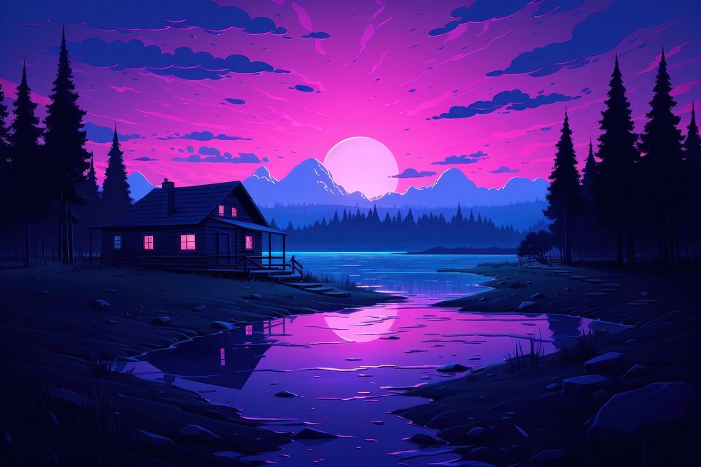 An lonesome cabin purple architecture landscape.