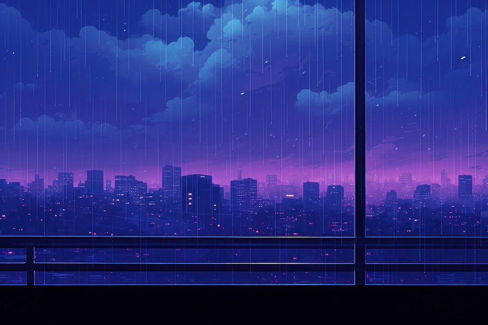 Looking out at rainy night purple architecture cityscape.