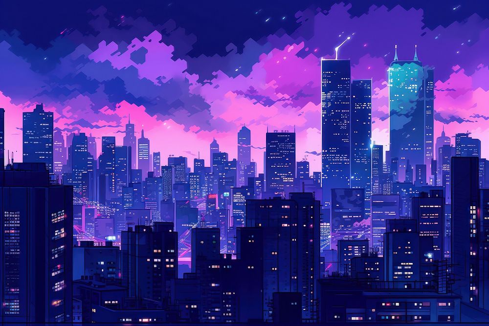 Skyscrapers at night purple architecture metropolis.