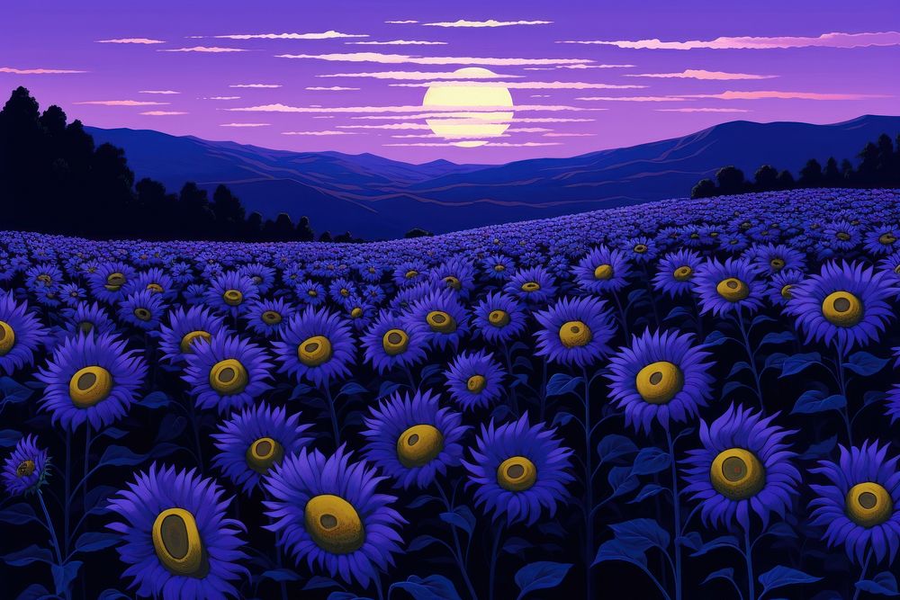 Sunflower field purple landscape outdoors.