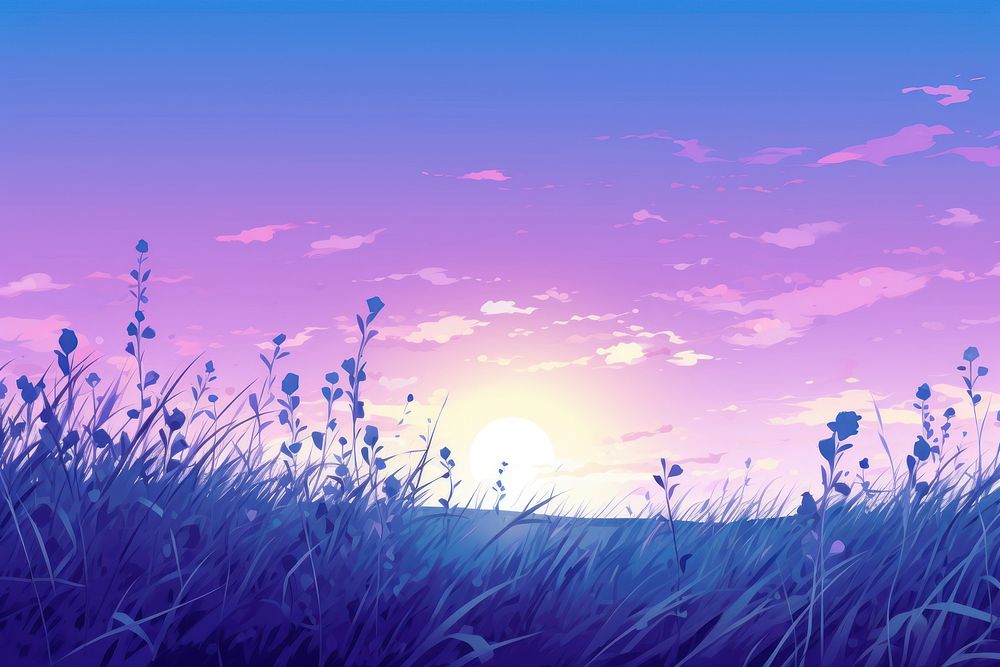 Sunlit meadow purple backgrounds landscape.