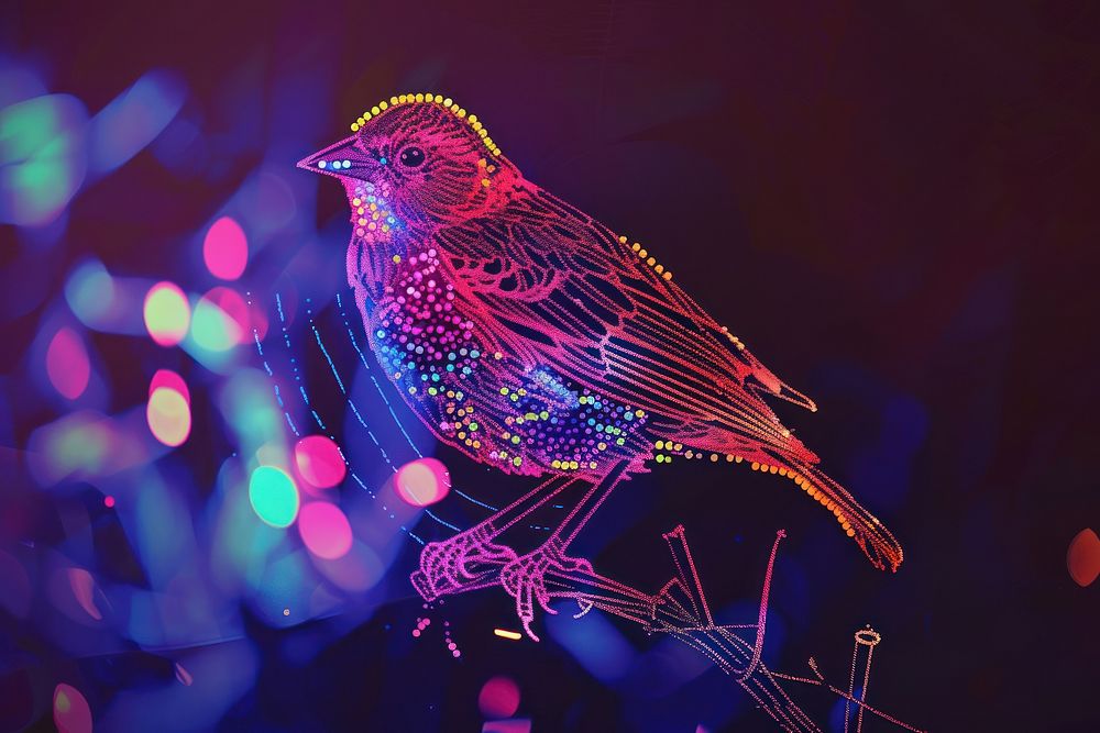 A bird animal purple illuminated.