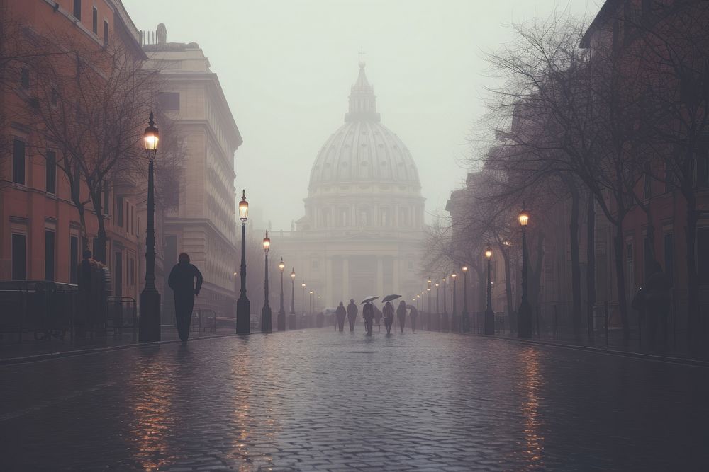 A foggy day in Rome architecture building illuminated.