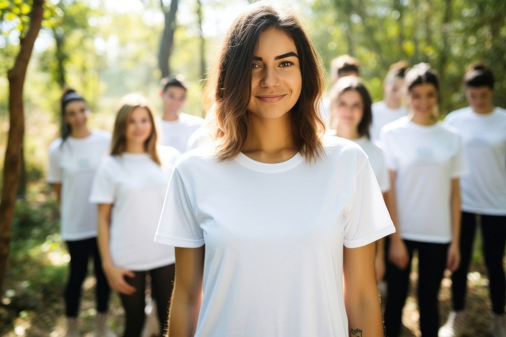 People group volunteer wearing blank white portrait outdoors t-shirt.