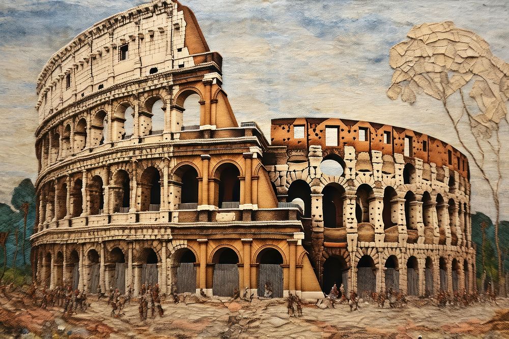 Embroidery with rome colosseum architecture landmark representation.
