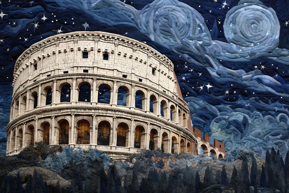 Rome colosseum with star night architecture building representation.