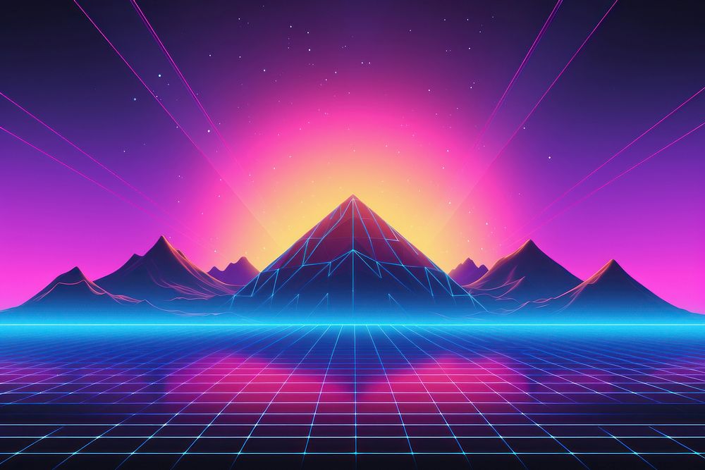 Retrowave mountain abstract nature night.