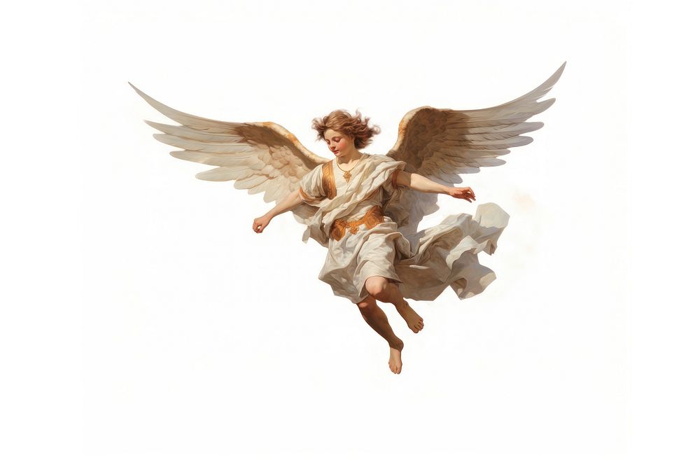 Flying angel white background representation.