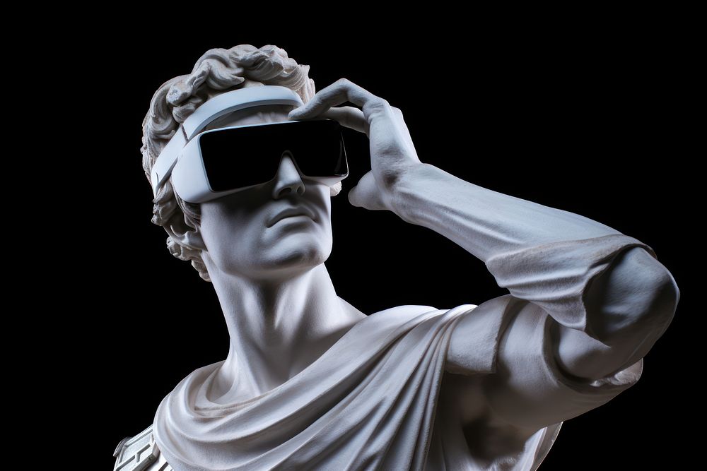 Ancient greek sculpture wearing virtual reality ancient statue art.