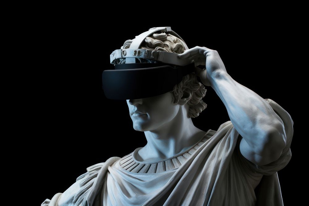 Ancient greek sculpture wearing virtual reality statue adult art.