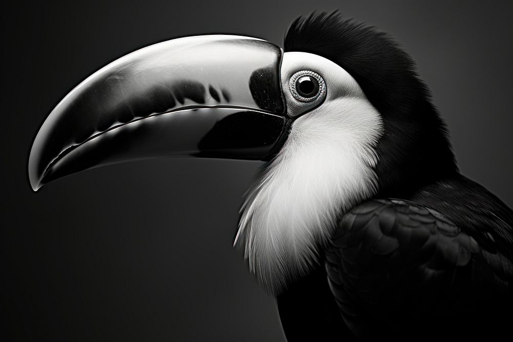Black and white aesthetic Photography of a toucan animal black bird.