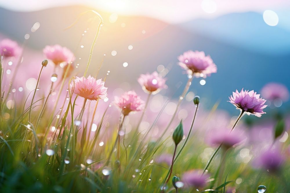 Mountain with dew flower grassland outdoors.