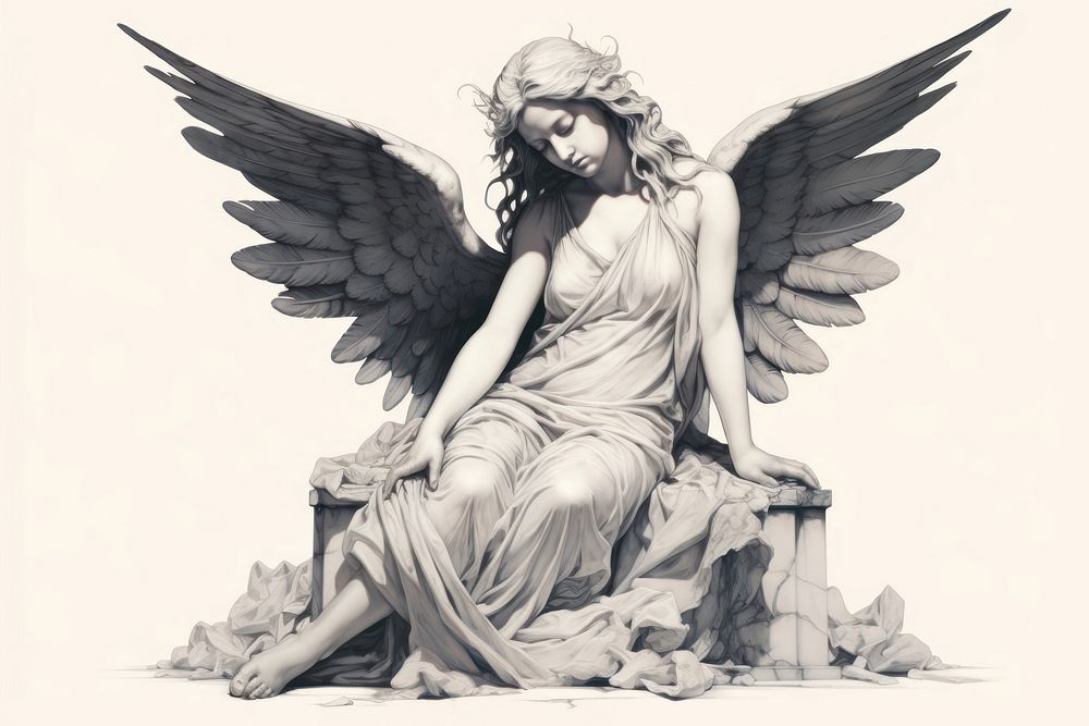 Marble statue of angel art drawing sketch.