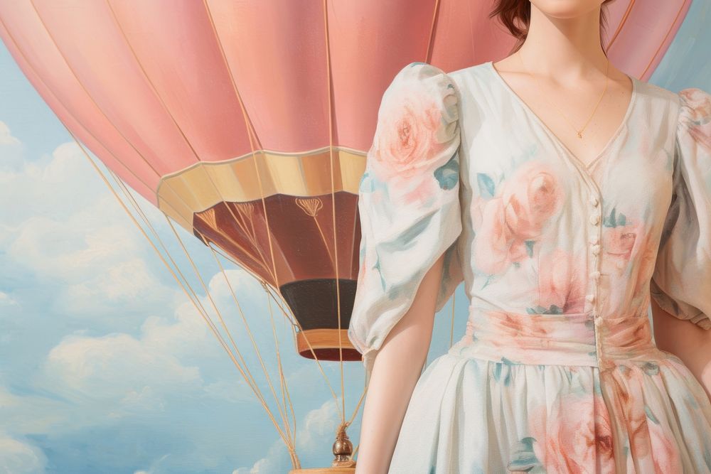 Feminine aesthetic vintage old style oil painting of close up hot air balloon dress transportation standing.