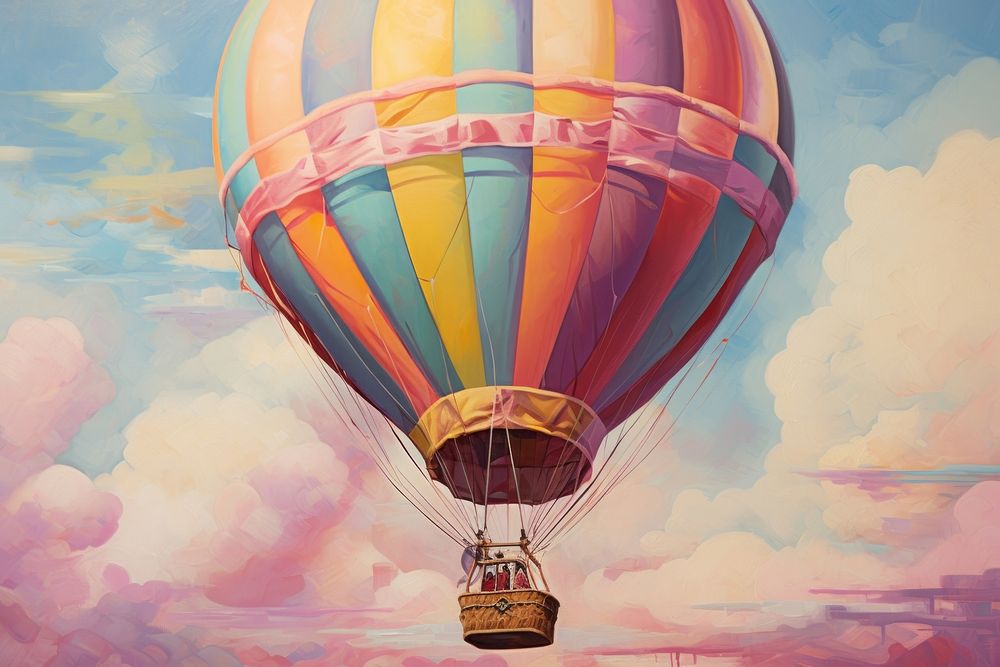 Feminine aesthetic vintage old style oil painting of close up hot air balloon aircraft vehicle transportation.