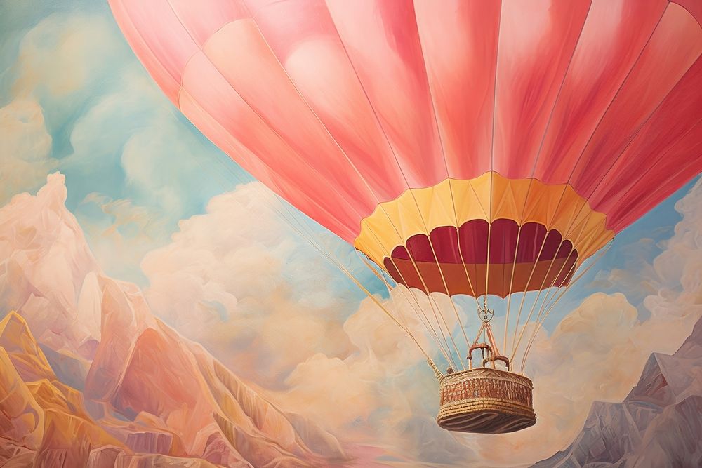 Feminine aesthetic vintage old style oil painting of close up hot air balloon backgrounds aircraft vehicle.