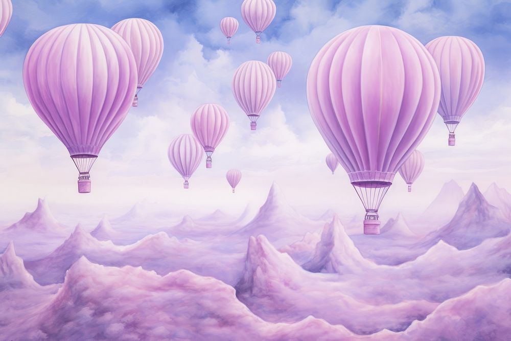 Illustration of a pastel purple hot air balloons floating in space aircraft outdoors transportation.