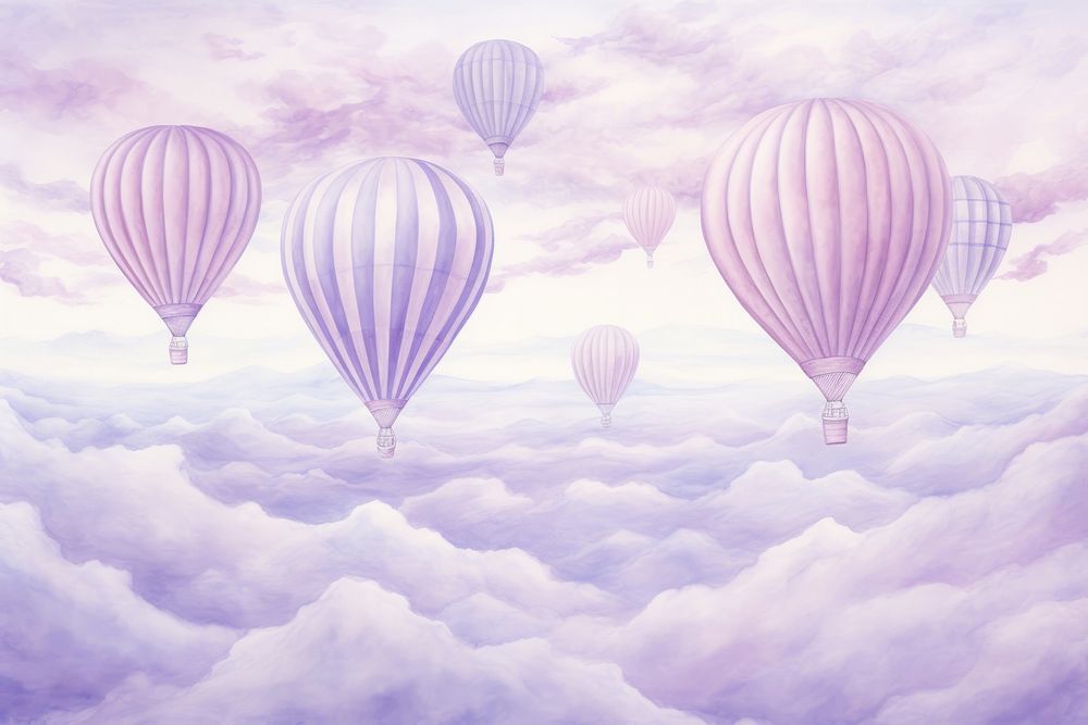 Illustration of a pastel purple hot air balloons floating in space aircraft vehicle transportation.