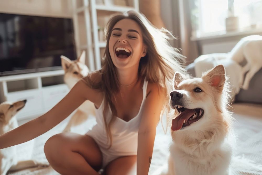 Joyful fit woman dog laughing mammal.