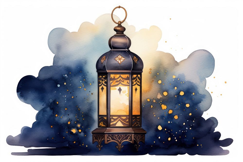 Lamp of Eid Mubarak watercolor background lantern architecture illuminated.