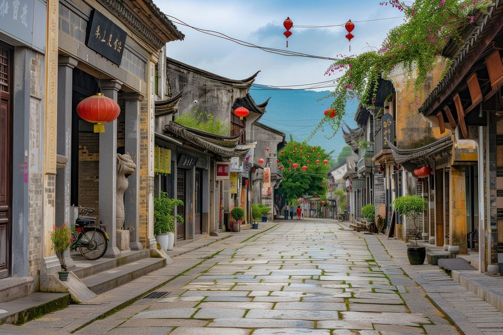Street old town in Chinese background city architecture outdoors.