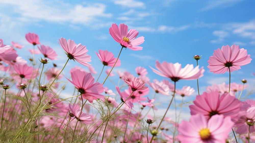 Pink cosmos field landscape sky grassland.