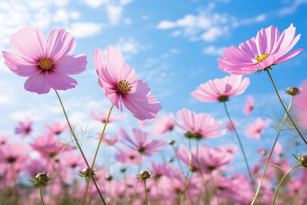 Pink cosmos field outdoors blossom flower.