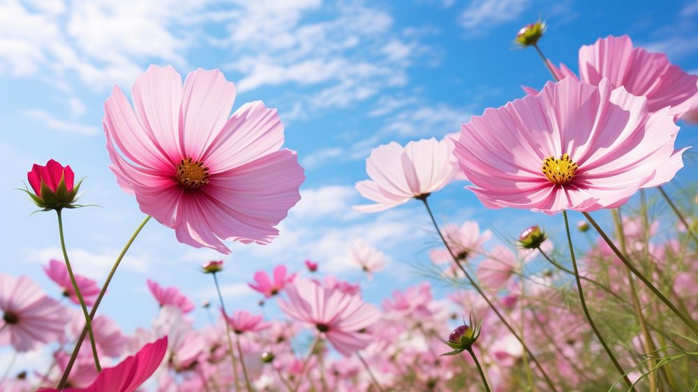 Pink cosmos field sky outdoors blossom.