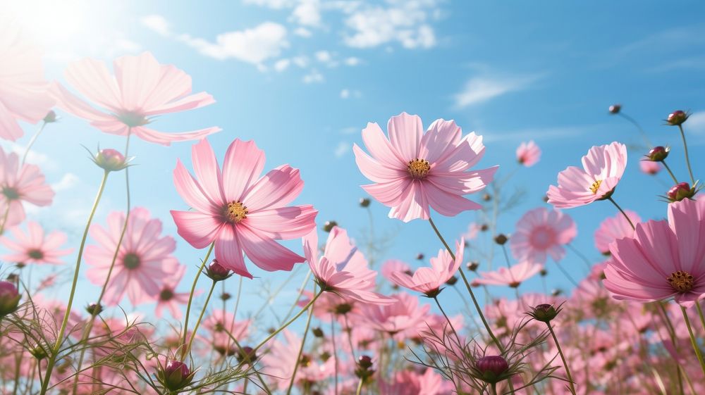 Pink cosmos field sky landscape outdoors.