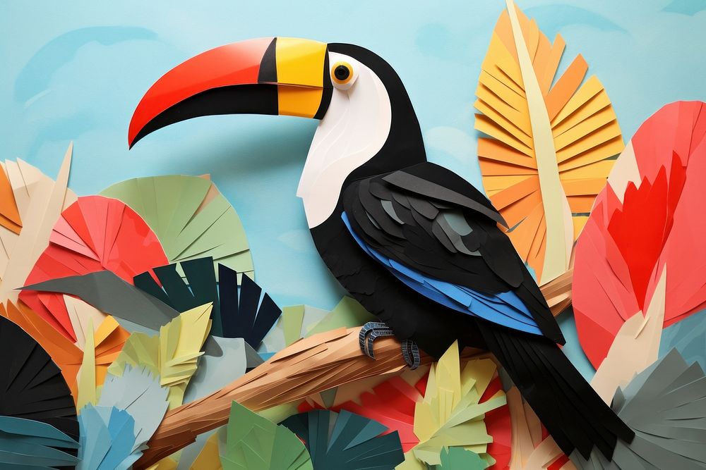 Colorful cut paper collage with toucan animal bird beak.