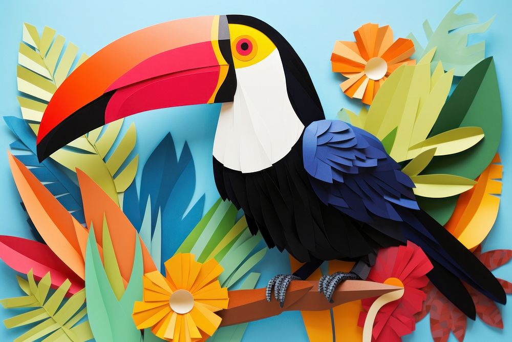 Colorful cut paper collage with toucan animal bird beak.