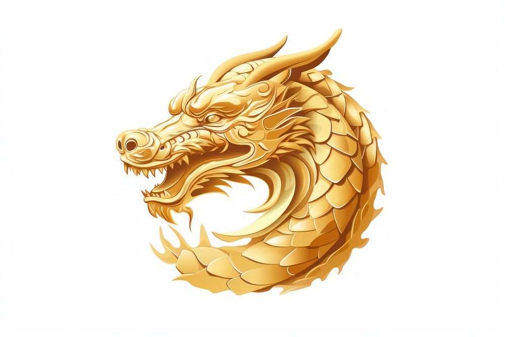 Golden coins dragon white background representation.
