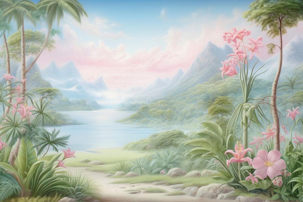 Painting of jungle border landscape outdoors nature.