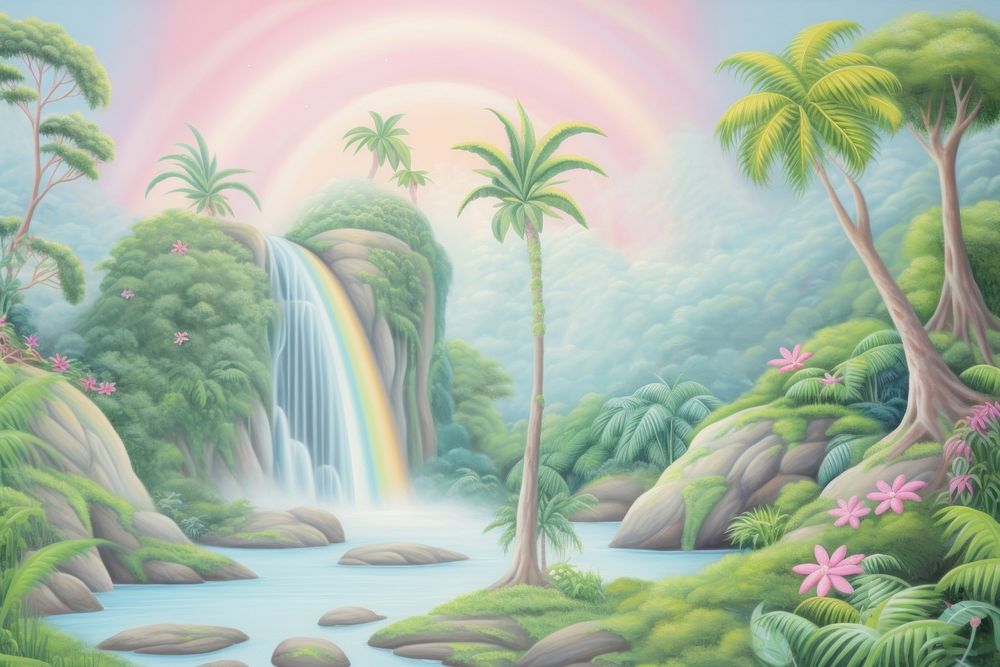 Painting of rain jungle backgrounds vegetation waterfall.